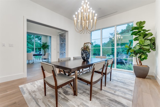 dining room with light hardwood / wood-style floors, a notable chandelier, and a healthy amount of sunlight