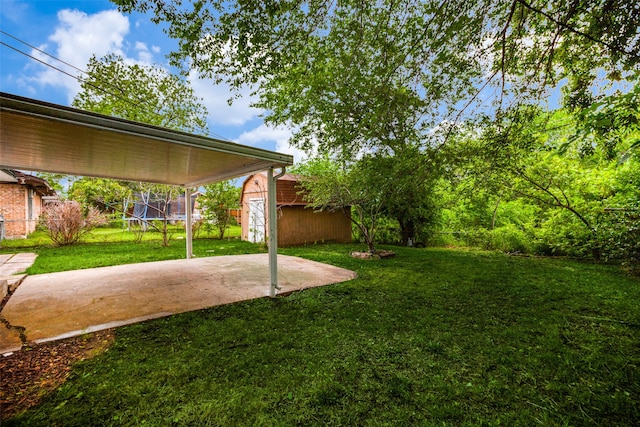 view of yard with a patio area, a trampoline, and a shed