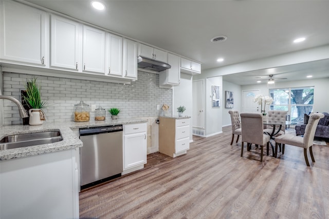 kitchen with white cabinetry, ceiling fan, stainless steel dishwasher, and light wood-type flooring