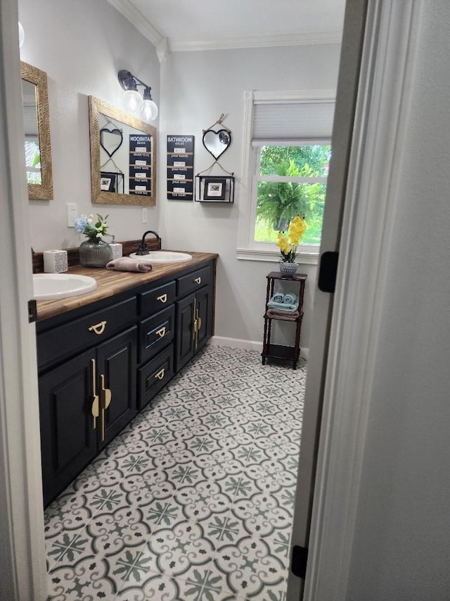 bathroom with crown molding and vanity