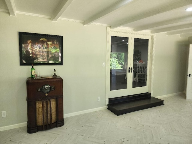 doorway to outside with light parquet flooring and beam ceiling