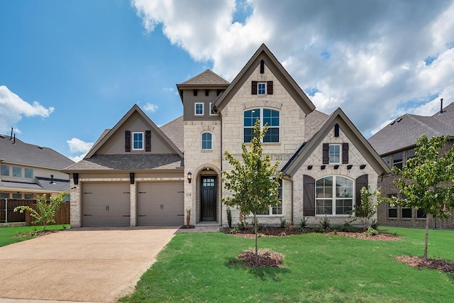 french country style house with a front yard, concrete driveway, fence, and a garage