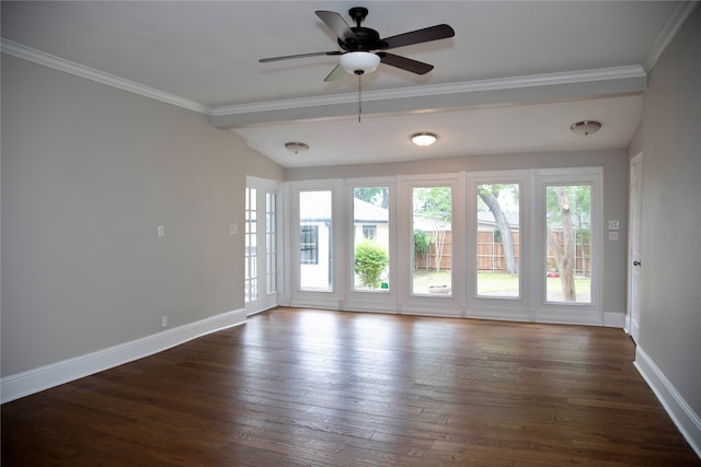 unfurnished room with dark wood-type flooring, ceiling fan, and lofted ceiling