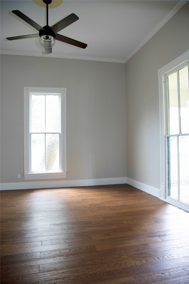 spare room with dark hardwood / wood-style floors, a wealth of natural light, and ceiling fan