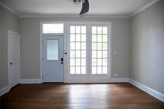 doorway to outside with ornamental molding, ceiling fan, and dark hardwood / wood-style floors