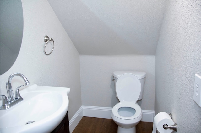 bathroom with wood-type flooring, oversized vanity, and toilet