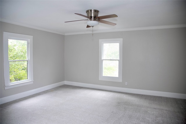 carpeted empty room featuring ornamental molding, a healthy amount of sunlight, and ceiling fan