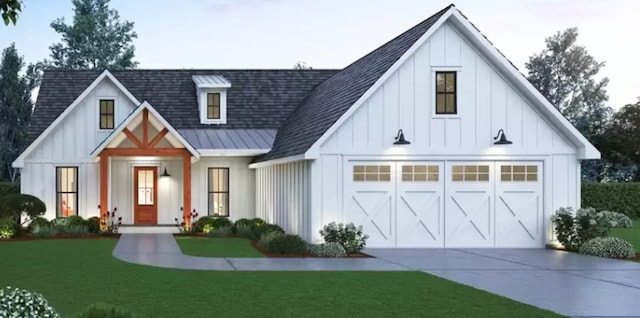 modern farmhouse with a standing seam roof, a front lawn, board and batten siding, and driveway