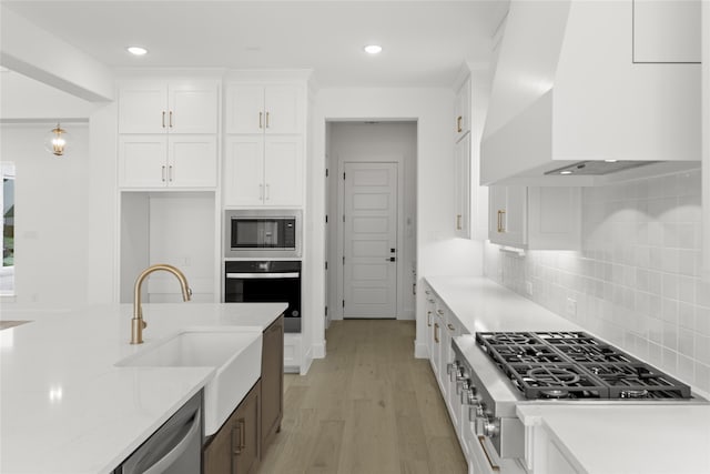 kitchen with sink, custom exhaust hood, stainless steel appliances, white cabinets, and light stone counters