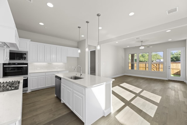 kitchen featuring white cabinetry, sink, a kitchen island with sink, appliances with stainless steel finishes, and dark hardwood / wood-style floors