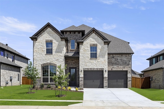 french country home with a garage and a front lawn