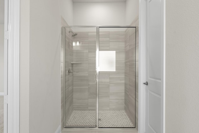 bathroom featuring a shower with shower door