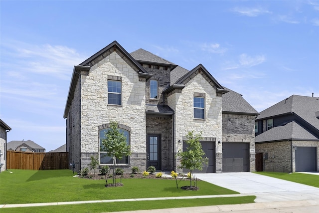 french country style house featuring a front yard and a garage