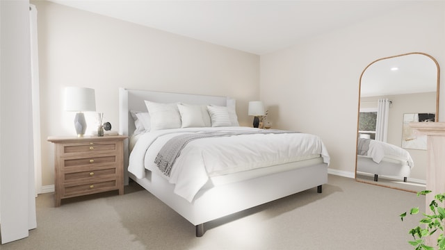 bedroom featuring light colored carpet