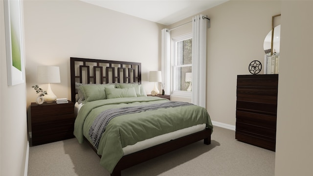 bedroom featuring light carpet