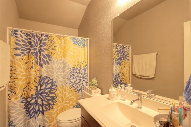 bathroom featuring vaulted ceiling, vanity, and toilet