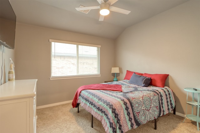 bedroom featuring carpet, ceiling fan, and lofted ceiling