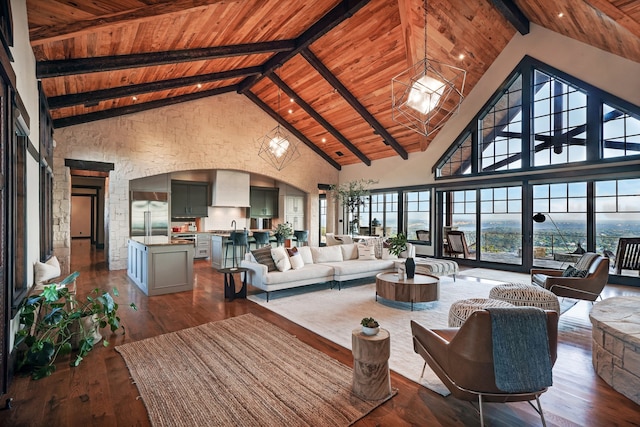 interior space featuring wood ceiling, dark wood-type flooring, high vaulted ceiling, and beamed ceiling