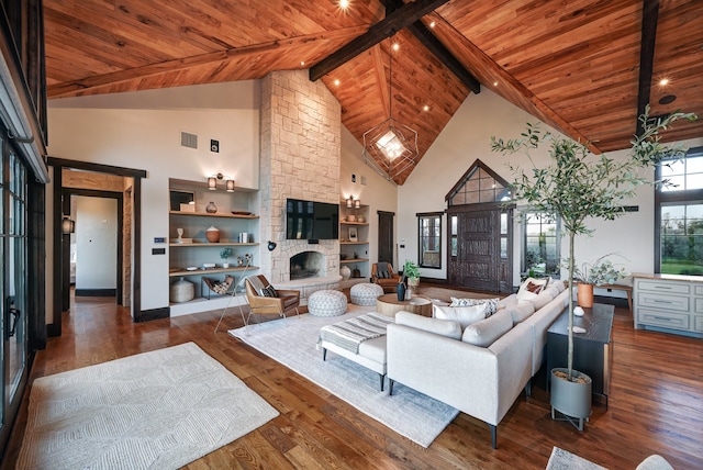 living room with wooden ceiling, a fireplace, high vaulted ceiling, and dark wood-type flooring