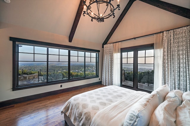 bedroom with beamed ceiling, a chandelier, high vaulted ceiling, and dark hardwood / wood-style floors