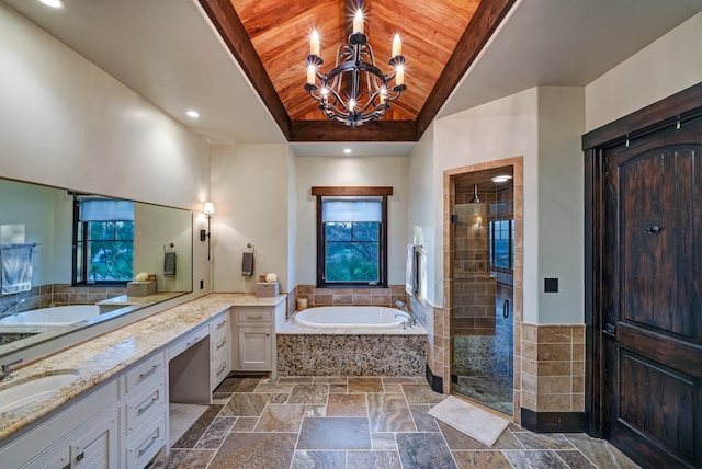 bathroom with high vaulted ceiling, vanity, wooden ceiling, plus walk in shower, and tile floors