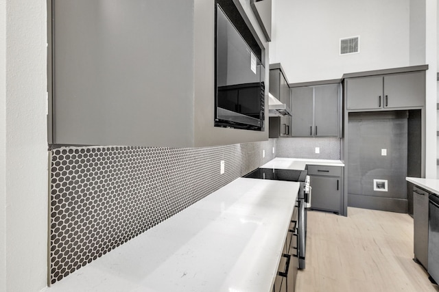 kitchen featuring backsplash, wall chimney range hood, gray cabinetry, and light wood-type flooring