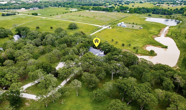 drone / aerial view with a rural view and a water view