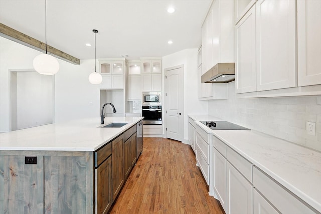 kitchen with sink, white cabinets, and a kitchen island with sink