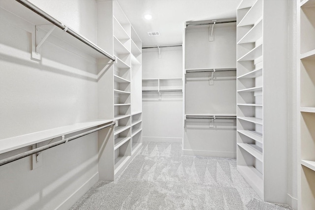 spacious closet featuring light colored carpet