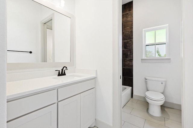 full bathroom with toilet, tile patterned flooring, bathtub / shower combination, and vanity