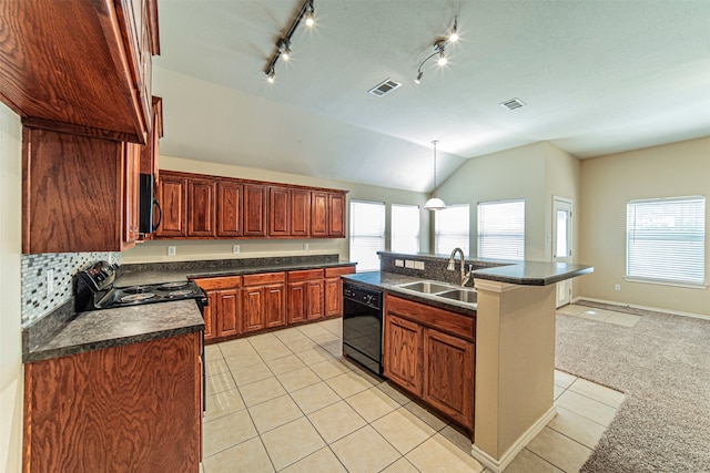 kitchen with sink, lofted ceiling, black appliances, an island with sink, and track lighting