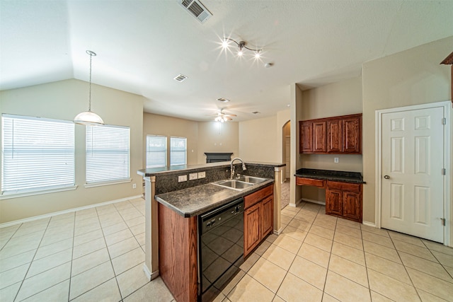 kitchen with vaulted ceiling, light tile floors, sink, dishwasher, and ceiling fan