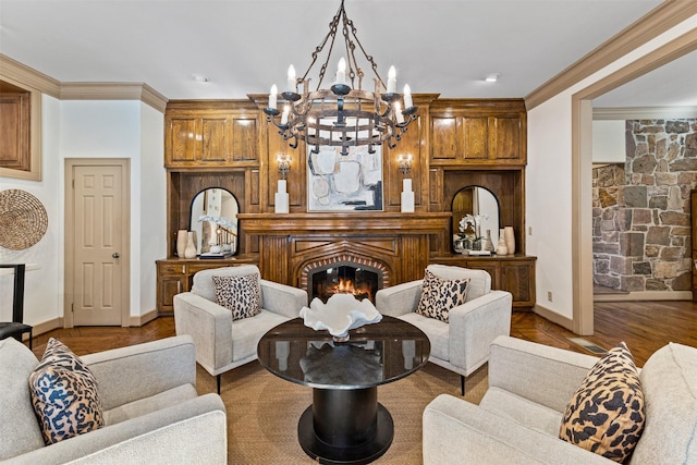 living room with hardwood / wood-style flooring and crown molding