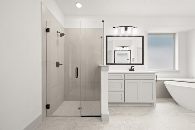 bathroom with vanity and plus walk in shower