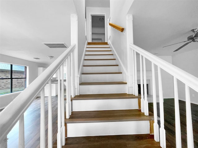 stairway featuring wood-type flooring and ceiling fan