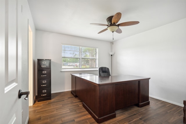 office space featuring ceiling fan and dark wood-type flooring