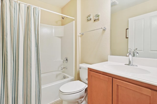 full bathroom with vanity, toilet, and shower / bath combo with shower curtain