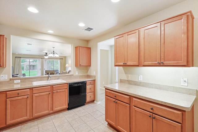 kitchen with sink, dishwasher, ceiling fan, and light tile floors