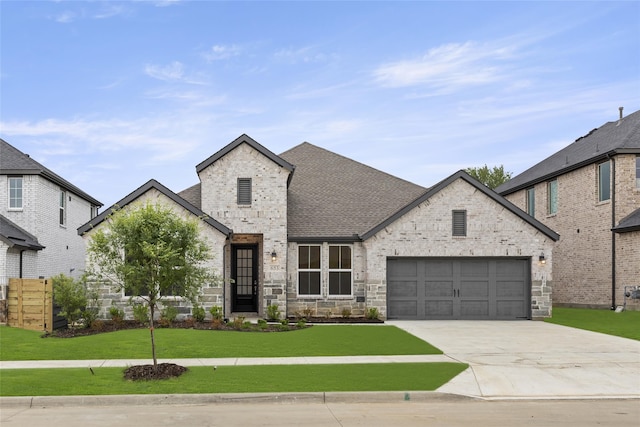 view of front of property with a garage and a front lawn