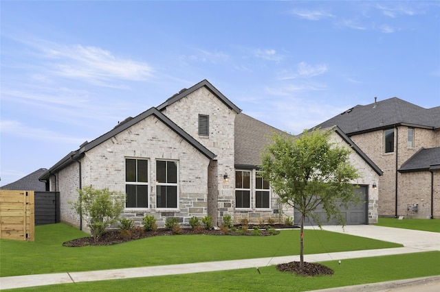 french country home featuring a garage and a front yard