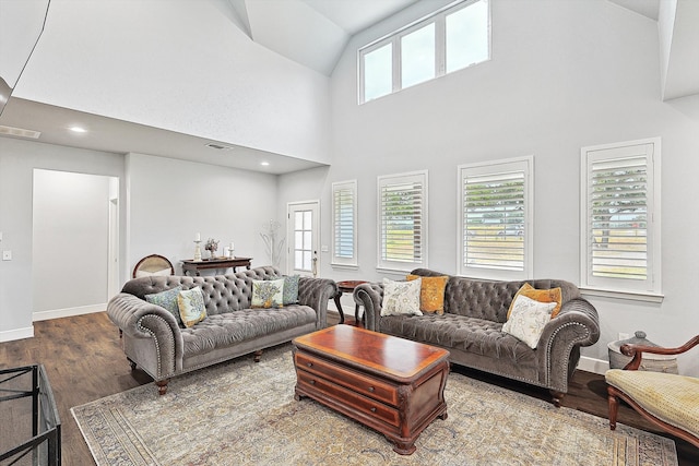 living room featuring hardwood / wood-style flooring and a towering ceiling