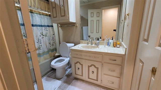 full bathroom featuring tile flooring, shower / tub combo, vanity with extensive cabinet space, and toilet