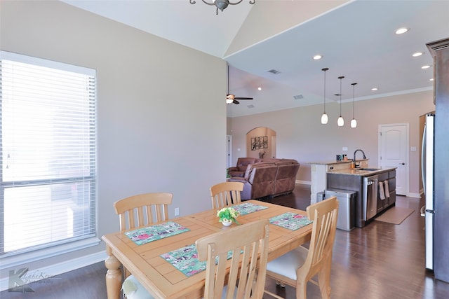 dining area with dark hardwood / wood-style floors, ornamental molding, sink, ceiling fan, and lofted ceiling