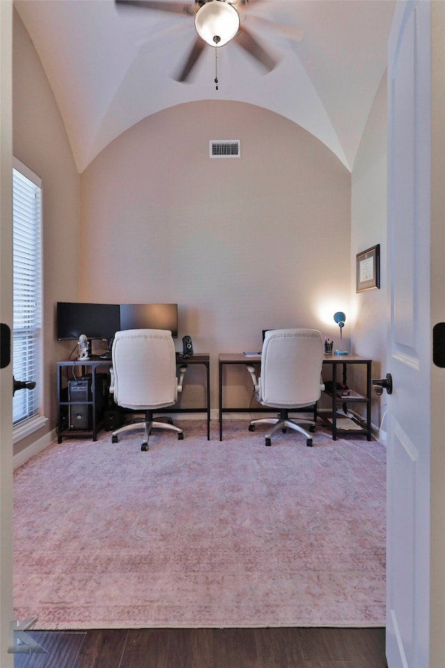 office featuring hardwood / wood-style flooring, ceiling fan, and vaulted ceiling