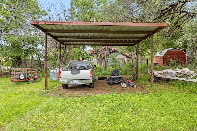 view of parking featuring a carport and a lawn