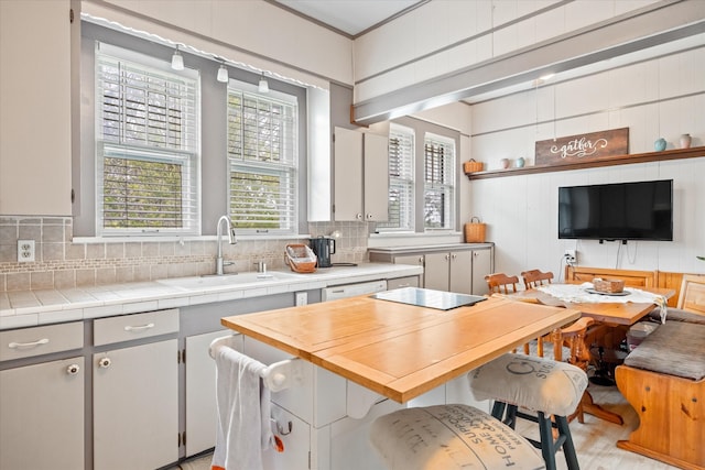 kitchen with backsplash, plenty of natural light, sink, and wood counters