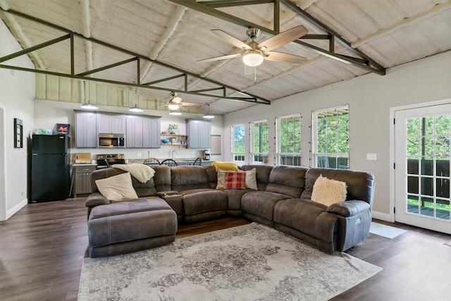 living room featuring high vaulted ceiling, plenty of natural light, and dark hardwood / wood-style flooring