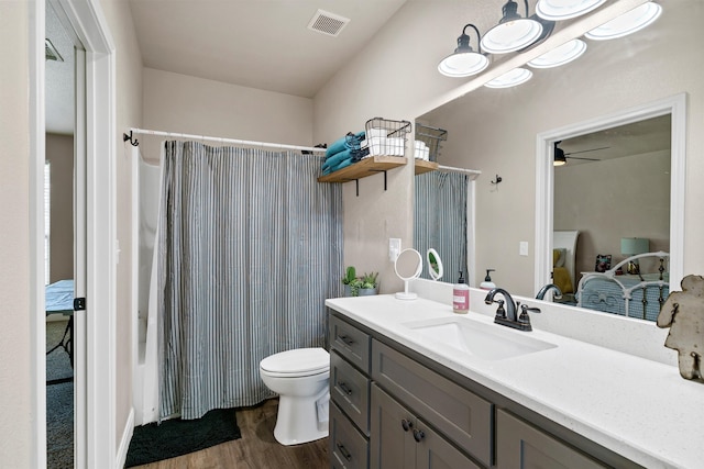 bathroom featuring ceiling fan, wood-type flooring, toilet, and vanity