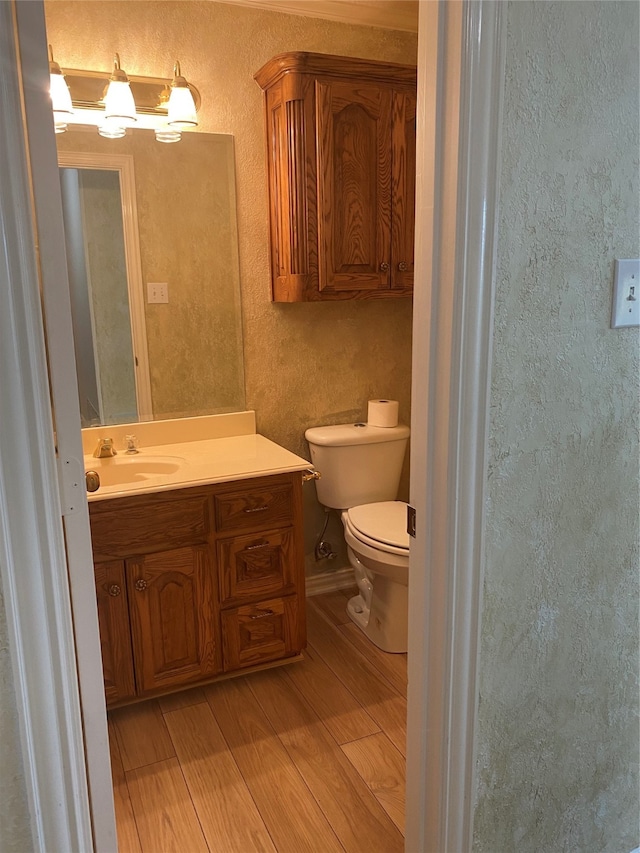 bathroom featuring vanity, wood-type flooring, and toilet