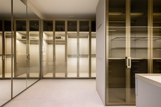 walk in closet featuring light colored carpet